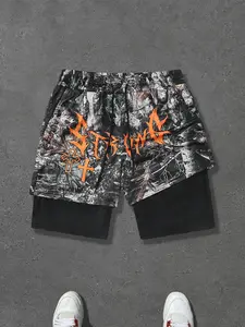 Men's Regular Fit Letter Print Contrast Camo Shorts, Casual Comfy Breathable Knit Shorts for Summer, Men's Bottoms for Daily Wear