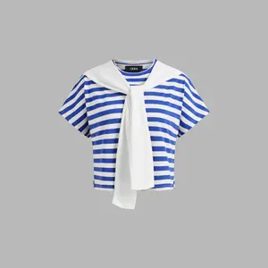 Cider [size 2-26] 100% Cotton Round Neckline Striped Crop Oversized Tee With Solid Shawl