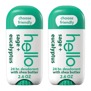 Hello Sage and Eucalyptus Aluminum-Free Deodorant for Women & Men with Shea Butter 24-Hour Freshness Baking Soda Free Dermatologically Tested 2.6 oz Stick 2 Pack