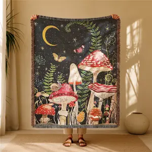 Red Mushroom Under The Moon Pattern Bohemian Yarn Jacquard Woven Blanket with Tassel, Thick Soft Washable Blanket, Cozy Chic Blanket, Used for Home Decor Sofa Chair Bed Tapestry Tablecloth Floor Garden Picnic Outdoor Camping, All Season Blanket