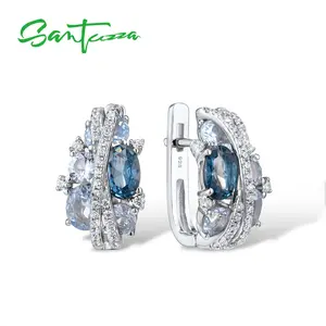 SANTUZZA Lab Created Blue Spinel White Cubic Zirconia 925 Silver Earrings Chic Jewelry