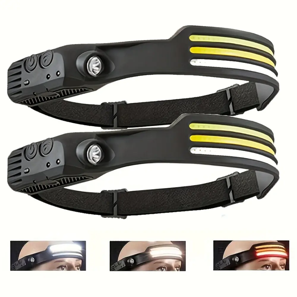 2 PACK Rechargeable COB Sensor Outdoor Headlamp High Lumen Brightness LED Tactical Flashlight, Led Rechargeable Flashlights, Super Bright Flashlight, Powerful Flashlight, USB-Rechargeable 5 Lighting Modes Ideal for Fishing, Hiking