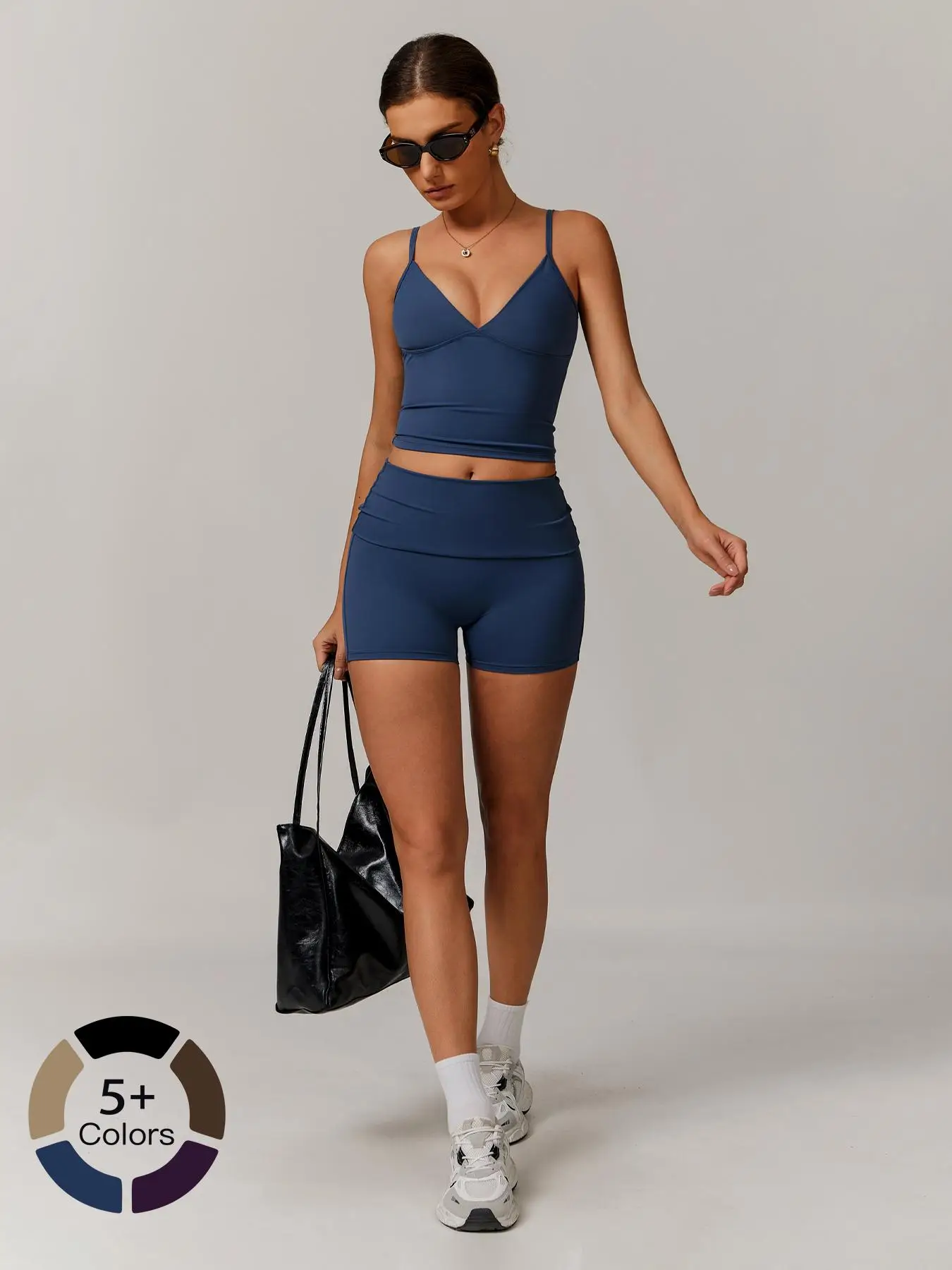 Women's Solid Crop Cami Top & High Waist Shorts Sports Set, Casual Breathable Comfortable Seamless Two-piece Set for Yoga Gym Workout Running, Ladies