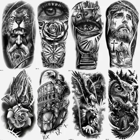 8 Pcs Jesus Cross Temporary Tattoo Stickers, Waterproof Eagle Jesus Eye Prayer Hand Rose Design, Unisex Adult Leg Arm Fake Sleeve Tattoos, Body Fake Tattoos, Ephemeral Tattoos