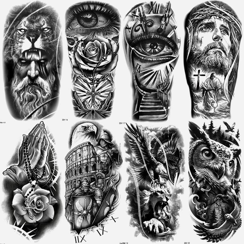 8 Pcs Jesus Cross Temporary Tattoo Stickers, Waterproof Eagle Jesus Eye Prayer Hand Rose Design, Unisex Adult Leg Arm Fake Sleeve Tattoos, Body Fake Tattoos