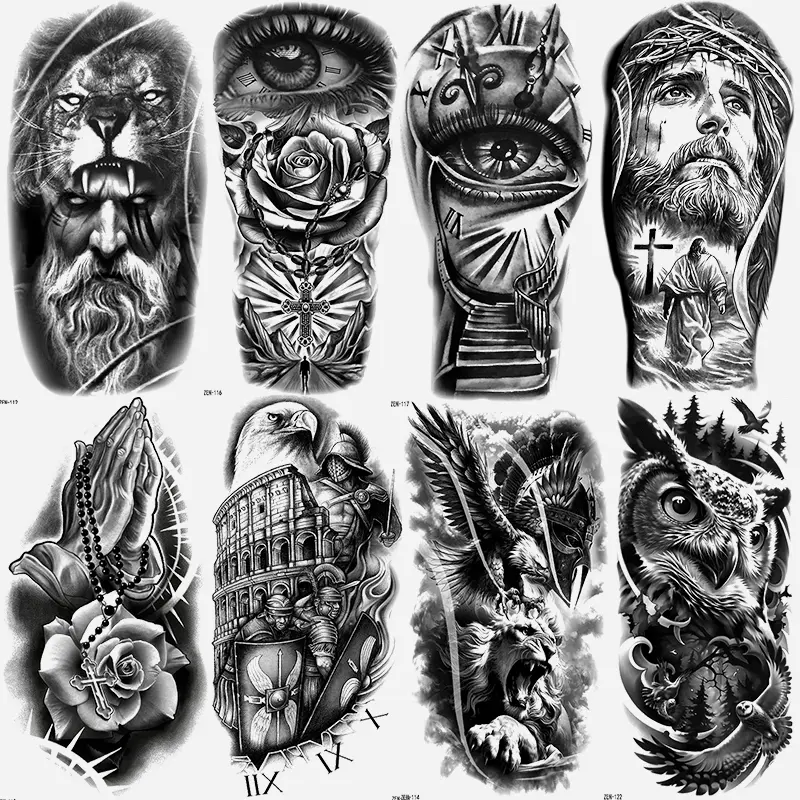 8 Pcs Jesus Cross Temporary Tattoo Stickers, Waterproof Eagle Jesus Eye Prayer Hand Rose Design, Unisex Adult Leg Arm Fake Sleeve Tattoos, Body Fake Tattoos