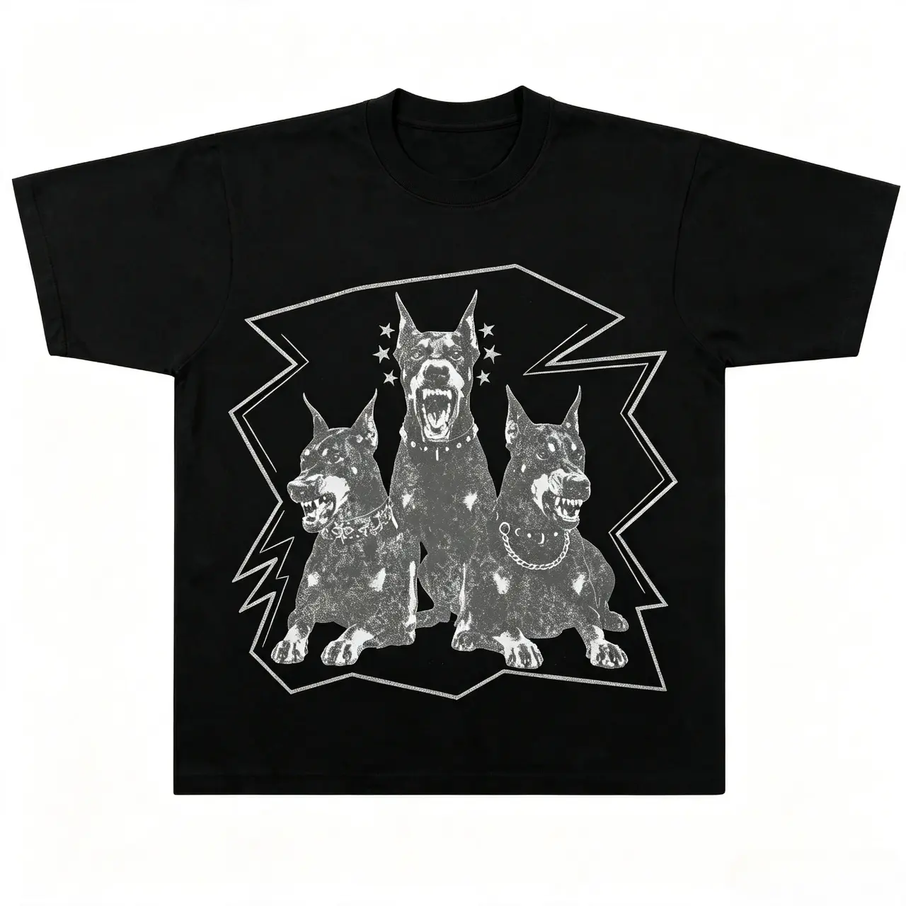 Men's 3 Doberman Pinschers Vintage Graphic Oversized T-Shirt - Distressed Lightning Frame, Unisex Heavyweight Streetwear Tee