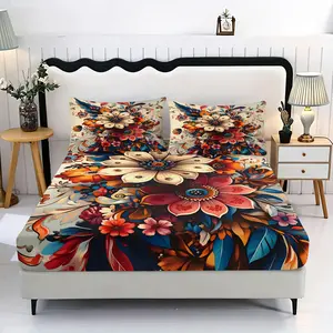 Vintage Colorful Large Flower Bedding Set, Includes 1 Fitted Sheet and 2 Pillowcases, Polyester Material, Digital Print, All Seasons