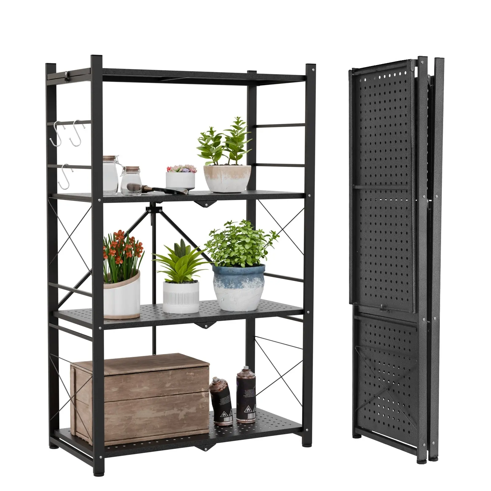 4-Tier Foldable Greenhouse Shelf, 28”x14.6”x44.7”, 520 lbs, 1/2 Pack, Black