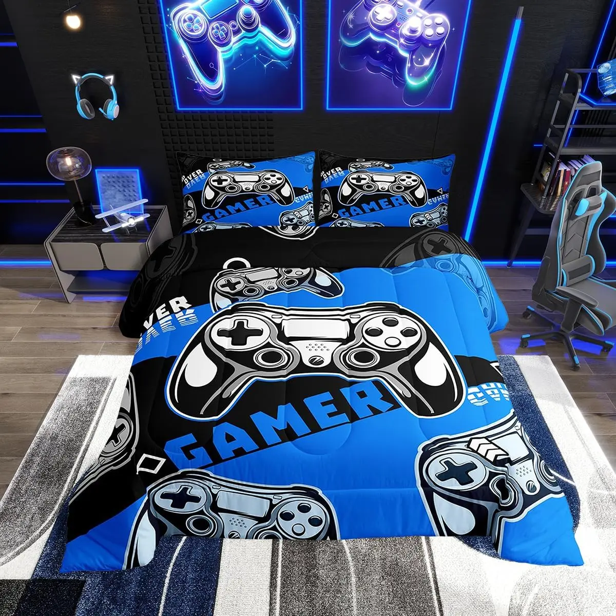 Feelyou Multi-Size Gamer Bedding Set - Black and Blue Gamepad Printed, Skin-Friendly Soft Breathable, Custom Image All-Season Quilt, Machine Washable, Travel Friendly for Boys, RV/Guest Room/Dormitory Use