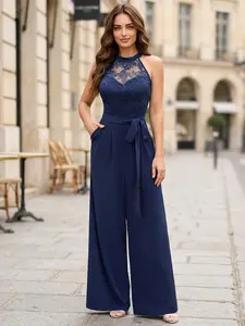 MIUSOL 55891A Floral Lace Patchwork Halter Neck Sleeveless Jumpsuit, Suitable For Evening Formal Parties, Weddings, Graduation Ceremonies Party