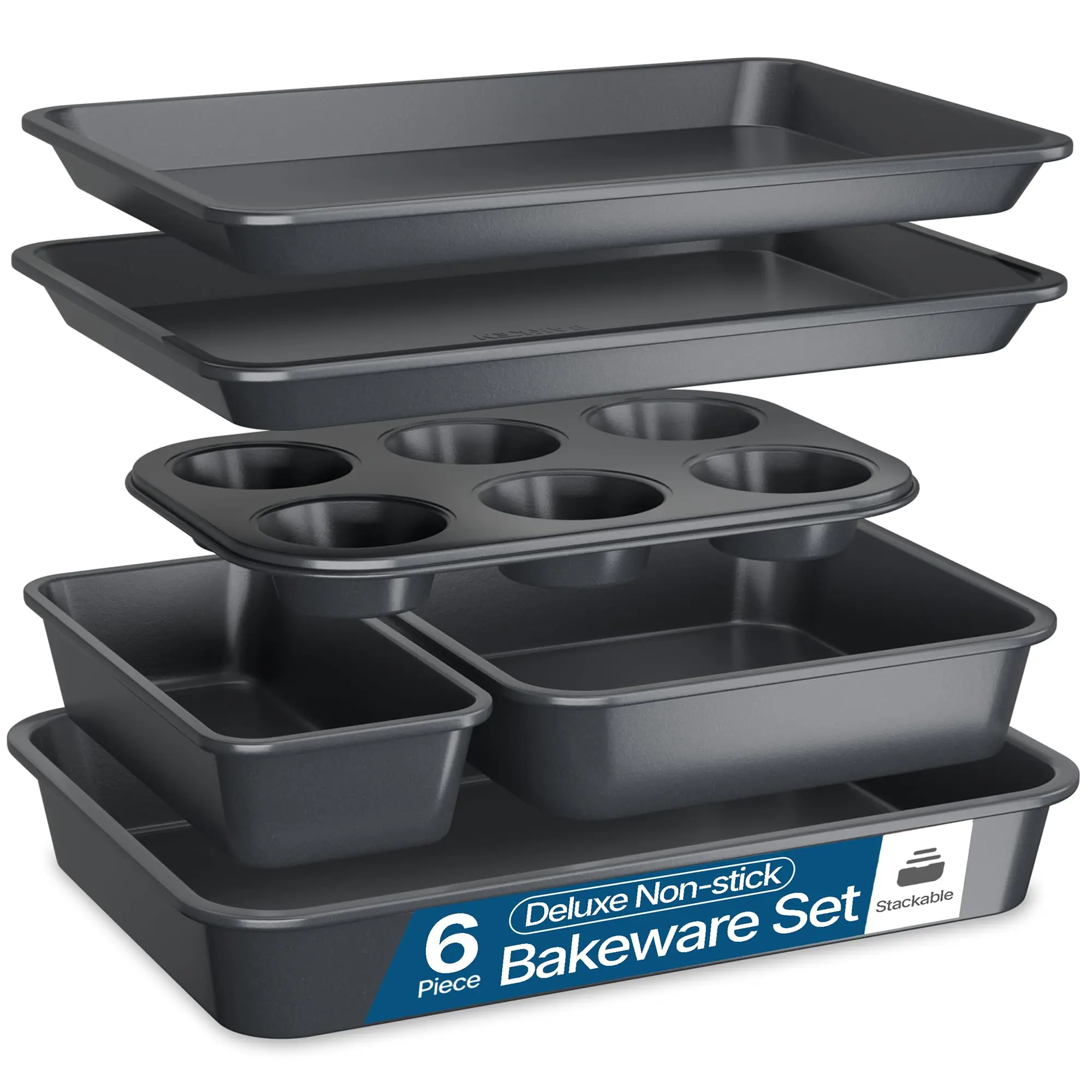 BAKKEN Nonstick Carbon Steel Bakeware Set - 6 Piece Kitchen Baking Trays, Non Toxic Stackable Oven Pans Bundle with Cookie Sheets, 6 Cup Muffin, Roaster, Square Cake, and Loaf Pan for Bread  Black