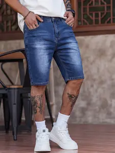Men's Washed Denim Jean Shorts, Minimalist Street Style Streetwear, Fitted Elastic Design Pocket, Classic Straight Leg, Casual Daily Wear, All Seasons