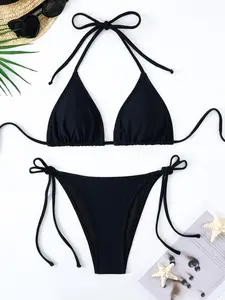 Two-Piece Set Women's Solid Halter Neck Tie Back Bikini Set, Casual Fashion Chic Swimsuit Set for Beach Holiday Vacation, Ladies Swimwear for All Seasons