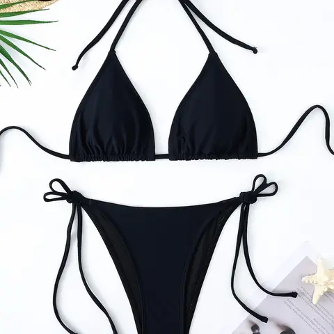 Two-Piece Women's Solid Halter Neck Tie Back High Cut Swimsuit Style Bikini Set, Casual Fashion Chic Swimsuit Set for Beach Vacation, Ladies Swimwear for All Seasons Swimwear Sets