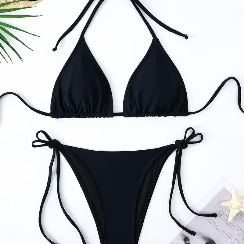Two-Piece Women's Solid Halter Neck Tie Back High Cut Swimsuit Style Bikini Set, Casual Fashion Chic Swimsuit Set for Beach Vacation, Ladies Swimwear for All Seasons Swimwear Sets