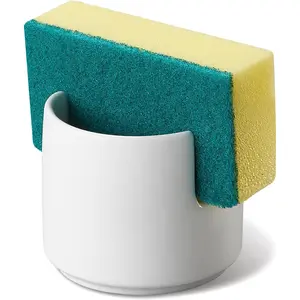 Ceramic Sponge Holder for Kitchen Sink, Kitchen Sink Organizer with Drain, Dish Sponge and Soap Holder for Sink Counter, Cute Corner Ceramic Sponge Holder, In Sink Sponge Storage, White