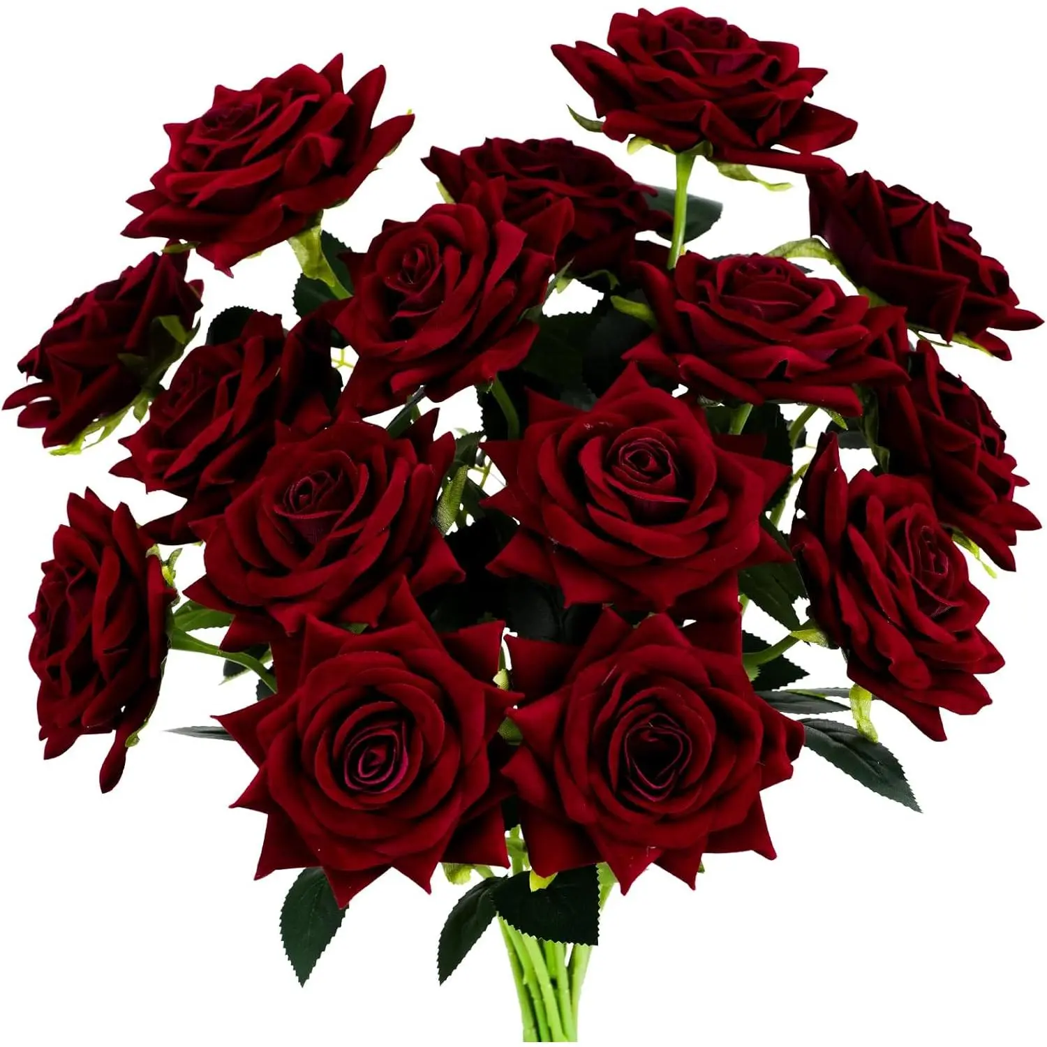 15PCS Burgundy Roses, Artificial Flowers 4.33" Velvet Flowers with Long Stem Fake Roses for Mom, Wife, Anniversary Birthday Valentine's Day Gift for