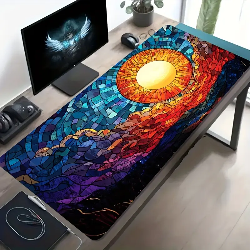 High Quality A Large Gaming Mouse Pad Featuring A Colorful Glass-Style Sun And Cloud Design, With A Non-Slip, Washable Rubber Base. This Oversized Desk Mat Is Perfect For Office Additions, Computer Decor, And Desktop Decoration