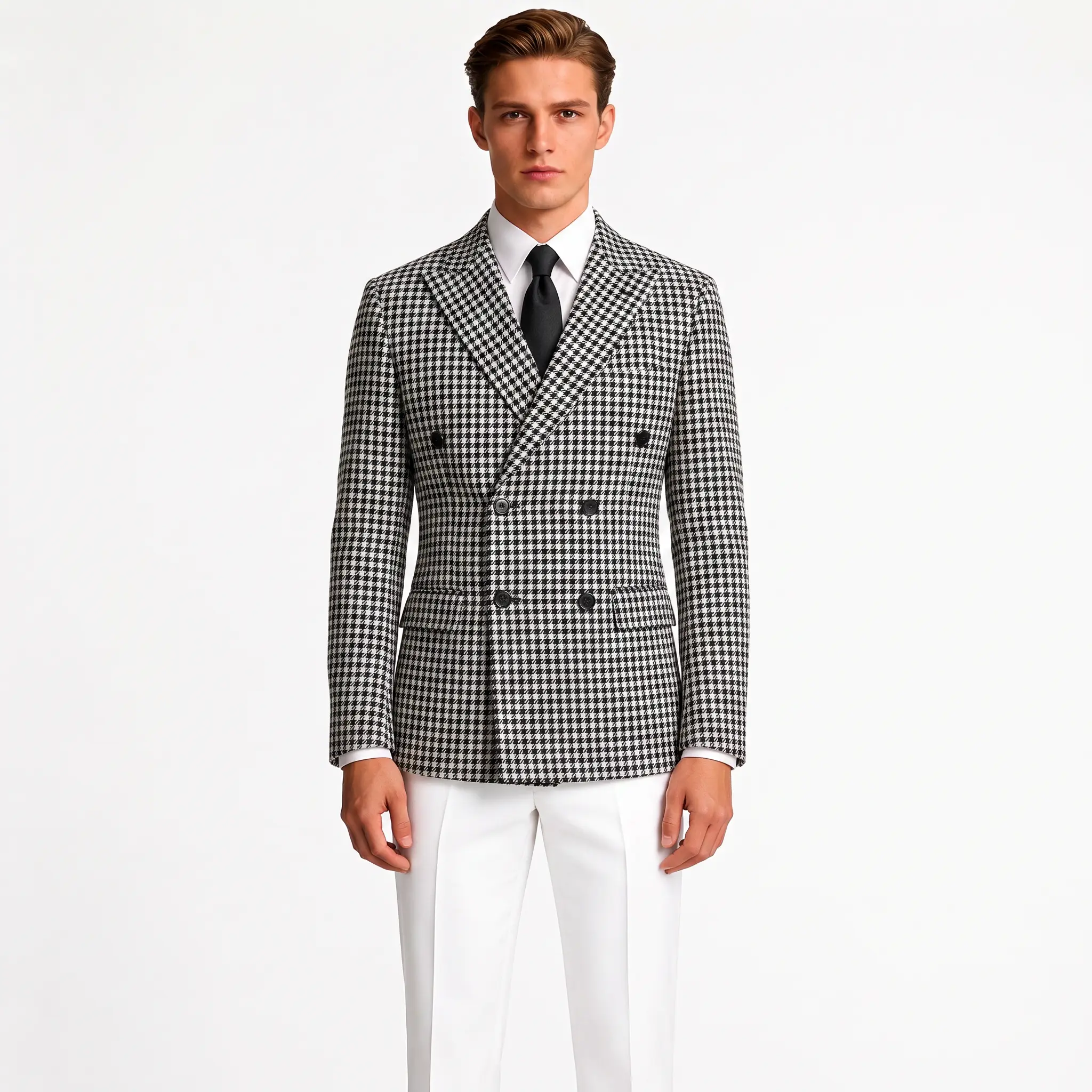Houndstooth Suit Jacket - Double-Breasted Loose-Fit Blazer for Men, Retro Vintage Plaid, Black & White / Cherry Red / Bright Colors, Casual Work Party Everyday Style, Chic loose fit for easy movement