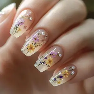 Flower & Leaf Pattern Fake Nail, 96pcs Elegant French Style Press on Nails with Nail File & Tape, Removable Artificial Full Cover Nails