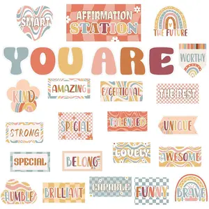 Boho Affirmation Station Bulletin Board Set Growth Mindset Bulletin Board Sets Boho Rainbow Classroom Decor Positive Motivational Accent Cutouts 27 count for School Classroom Office Home  Library