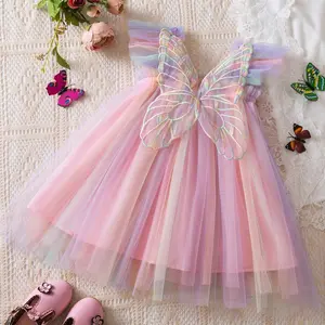 Baby Girls Rainbow Pink Tulle Mesh Dress 3D Butterfly Flying Sleeves Vestido Summer Kids Wedding Birthday Party Princess Dress