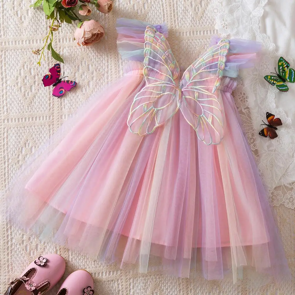 Baby Girls Rainbow Pink Tulle Mesh Dress 3D Butterfly Flying Sleeves Vestido Summer Kids Wedding Birthday Party Princess Dress