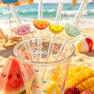 Reusable Heat Resistant Glass Straw Set, 5pcs with Cleaning Brush, Citrus Design, Transparent Straight Straws for Smoothies, Coffee, Tea, Parties, Picnics, Summer