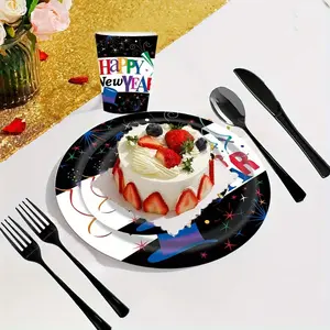 New 150 Pcs Black Happy New Year Party Supplies Tableware Set - Black Paper Plates Napkins Cups Black Plastic Forks Knives Spoons Celebration Dinner Plates and Round Dessert Party Plate Serve for 25 Guest US Express Delivery Disposable
