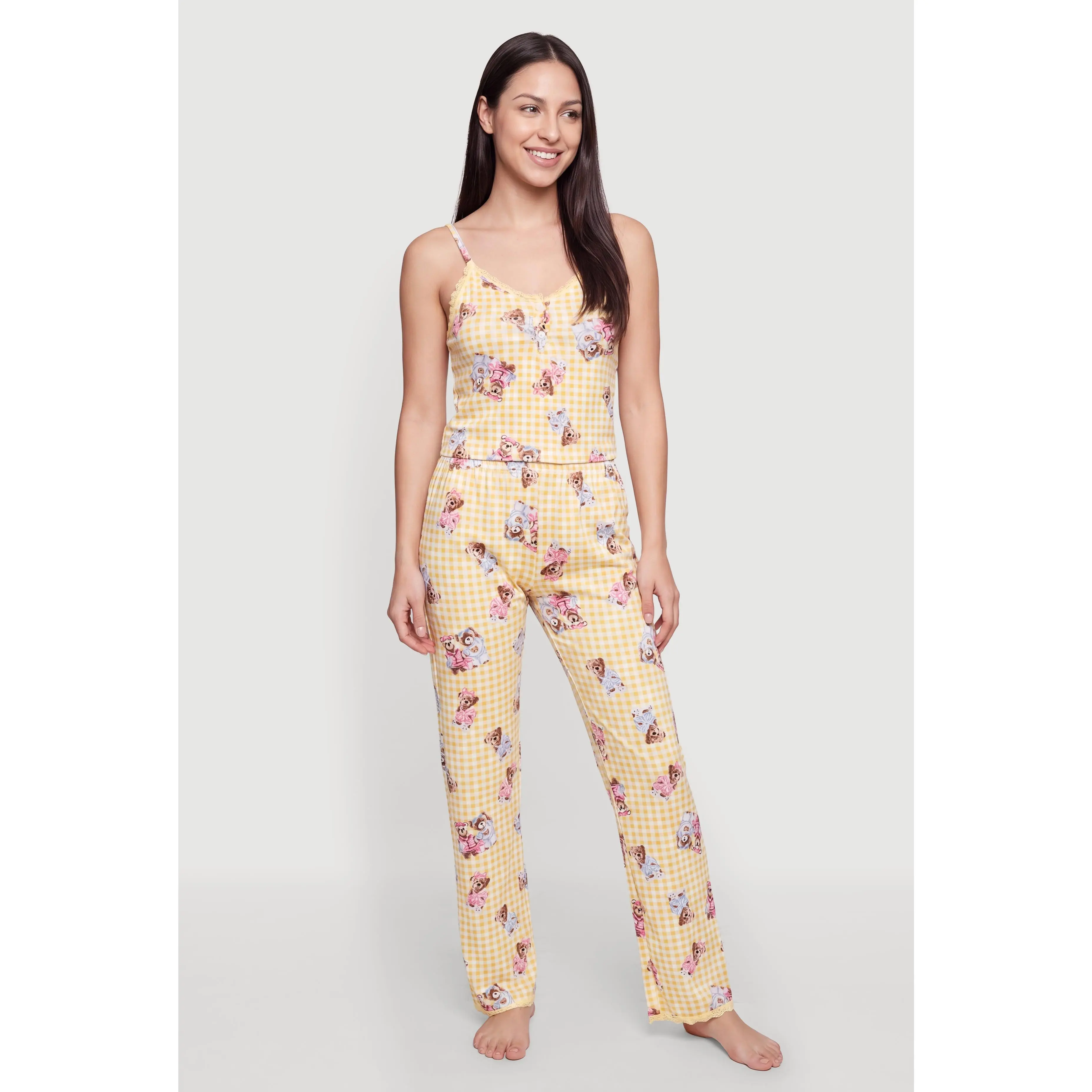 Gingham Bear Print Pajama Cami and Lounge Pants