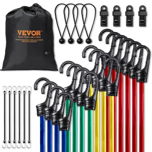 VEVOR 32 Piece Bungee Cords Assortment,  8 mm Heavy Duty Bungee Straps with A3 Steel Hooks, Including 10", 24", 32", 40", 48", Bungee Ropes Set with Portable Storage Bag, 4 Clips & Canopy Ties