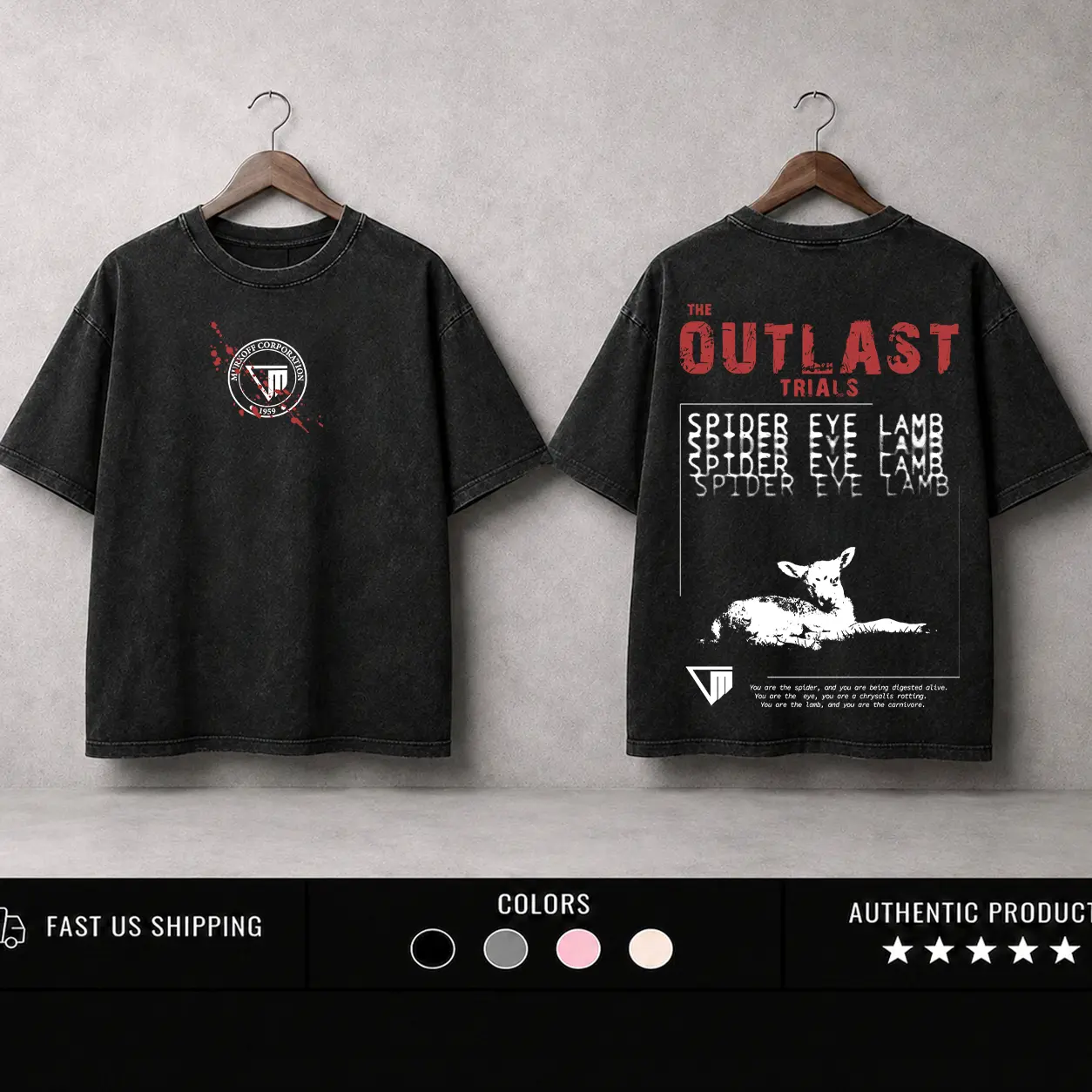 Outlast Trials SPIDER EYE LAMB Washed T-Shirt,Sweatshirt, HoodieVideo Games, Horror Vintage Shirt, Game Fan, Streetwear Tops Black Fabric Menswear Cotton Seamless Crewneck Round Neck
