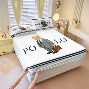 Vintage Polo Bear Fitted Sheet Set, Includes One Bedspread and Two Pillowcases, All-Wrap Anti-Slip Mattress Protector, Girlish Bedroom Bedding, Bed Sheets Set