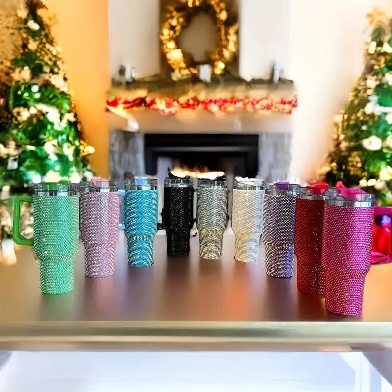 Car Stuff 40oz Shiny Diamond Stainless Steel Insulated Tumbler with Handle | Car Travel Mug | Keeps Hot & Cold