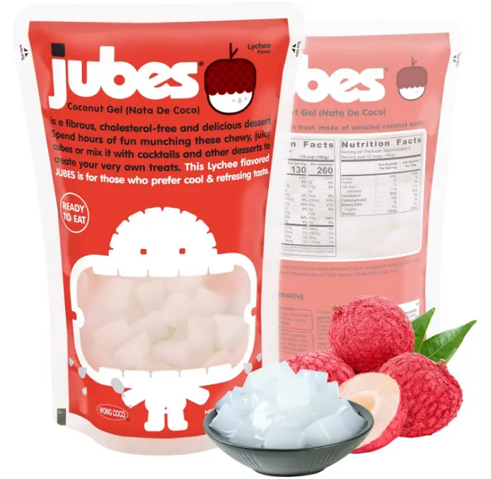 Jubes Lychee NATA De Coco Jelly Cubes, 12.7 oz - Lychee Coconut Jelly Cubes for Sago - Coconut Gel in Syrup Toppings for Fruit Tea, Boba, Bubble Tea, Drinks, Desserts Yogurt, Ice Cream, Beverage