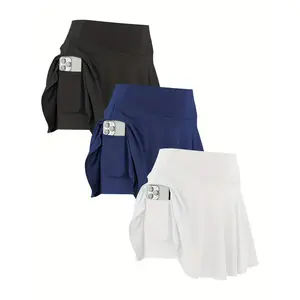 3pcs Women's High-Waist Flared Skirt Shorts with Pockets - Stretchy Polyester Blend, Solid Color