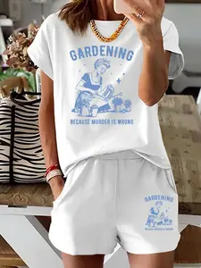 Two-Piece Set Women's Cartoon Gardening Graphic Print Tee & Shorts, Casual Fashion Fitted Round Neck Short Sleeve T-shirt & Shorts for Daily Wear, Ladies Summer Clothes, Suits, Womenswear