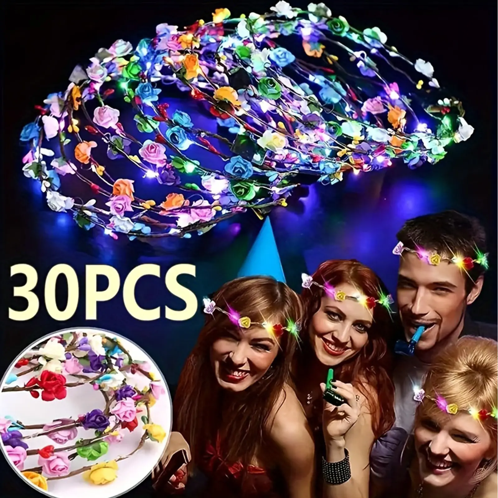 LED Flower Crown 30pcs Floral Headband Multicolor Light Up for Women Wedding New Led Crown Headband Flowers Woman Head Wreath Flowercrown  main image 4