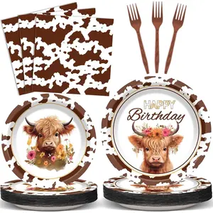 96 Pcs Highland Cow Birthday Party Decoration for 24 Guests Brown Cow Paper Plates Napkins Highland Cattle Dessert Cake Dinnerware Table Supplies for Western Farm Animals Kids Baby Shower Party Favors