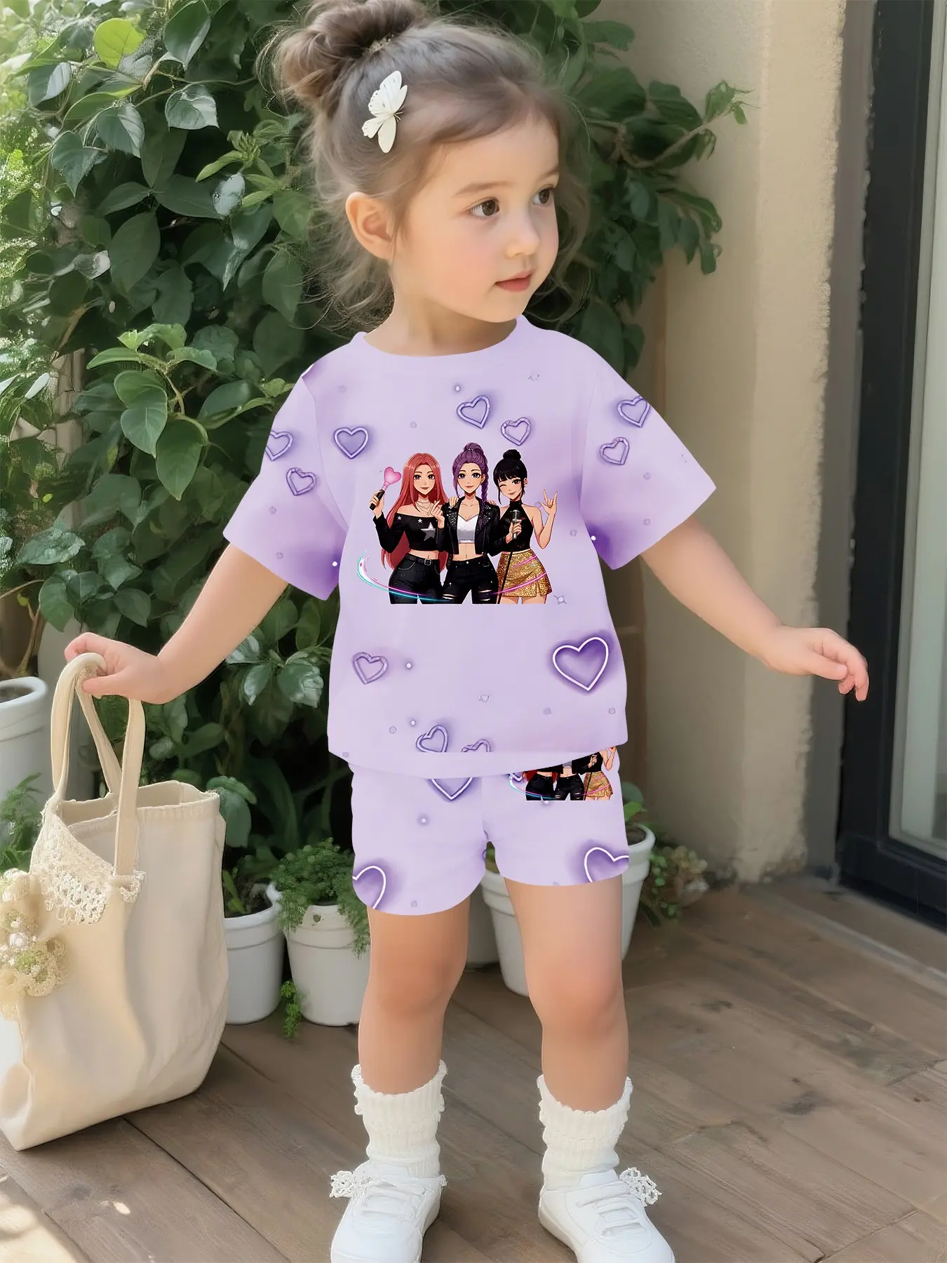 Girl group trio baby girl set with digital printing, 100% polyester baby short-sleeve set, cute baby girl casual clothing, suitable for daily and outdoor sports T-shirts, a perfect gift for babies