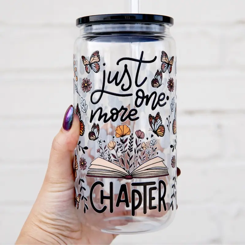 One More Chapter 17oz Glass Mug with Handle, Bamboo Lid & Straw, Book Gift