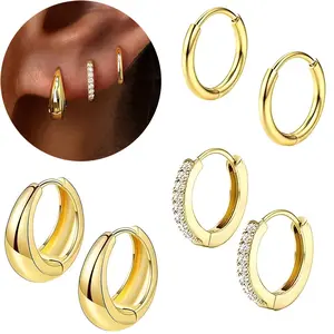 3 Pairs Gold Huggie Hoop Earrings Set - Hypoallergenic Chunky & CZ Sparkle Small Hoops for Ear Stacking, Clean Girl Everyday for Women