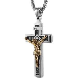 Catholic Jesus Christ on INRI Cross Crucifix Gold Silver Tone Stainless Steel Pendant Necklace 22+2 Chian