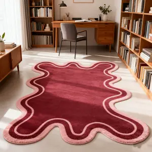 Modern Art Wave Rug, Wine & Pale Block, High Density Thick Lamb Velvet Mat, Comfortable Noise Reduction Carpet, Modern Shaggy Rug, Decorative Area Rug, Fluffy Modern Rug