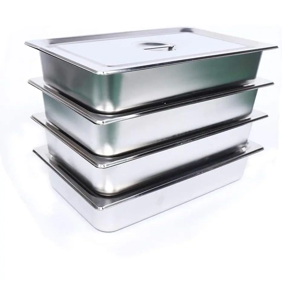 4-Inch All Stainless Steel 1-Layer Deep Full-Size Steam Pans with Lids & Handles (4Pcs) - Commercial Durable Cookware, Non-Stick 7kg/15.43 lbs 9L/2.38gal Capacity Kitchenware, Anti-Scalding Flat Bottom, Dishwasher Safe Trays for Restaurants