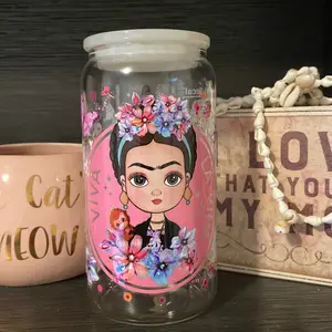 #63 Viva la vida Cafecito y chisme Frida 16oz Clear Libby glass Cup with Plastic Lid and Plastic Straw Drinkware