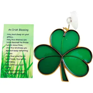 Irish Suncatcher Set with Blessing from Ireland Prayer Card and Shamrock Sun Catcher
