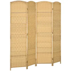 4 Panel Folding Room Divider – Nature Wood. 6' Tall Freestanding Partition. Hand-Woven PP (Water-Resistant, Tear-Proof, Pet-Friendly). Pine Frame + Arched Top