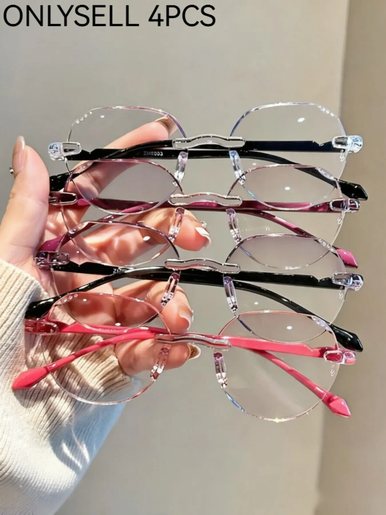 4 Pairs Frameless Reading Glasses, Lightweight Comfortable, Rhinestone Decor, +1.0 to +4.0 Diopter, Daily Use, Office, Phone, Computer, Rimless Computer Readers, Rimless Eyeglasses, Reading Eyewear